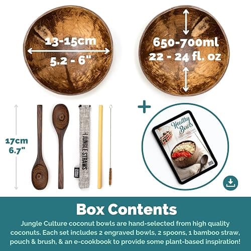 Jungle Culture® Kokosnuss Schalen Set mit Holzlöffeln & Strohhalm • Gemustertes Kokosschalen Schüssel Set • Natürlich Vegan Plastikfreie Alternative • Handgefertigt mit Kokosöl Poliert • Coconut Bowls thumbnail 3