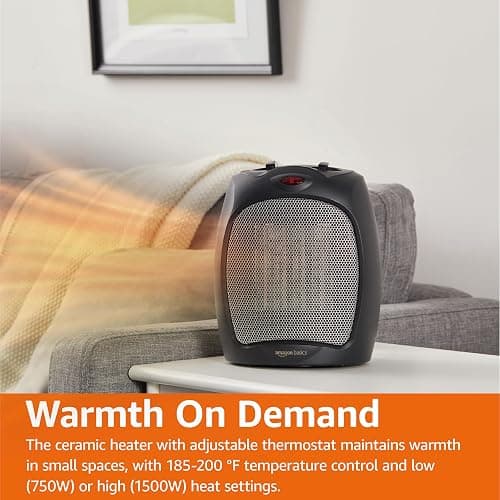 Amazon Basics Ceramic Space Heater, Portable Indoor Heating Solution, With Overheat and Tip-Over Protection, Thermostat, Non-Oscillating, 1500W, 7.52"D x 6.34"W x 9.45"H, Black thumbnail 7