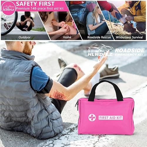 HLWDFLZ Car Emergency Kit with Portable Air Compressor - Roadside Assistance Emergency Kit with Jumper Cables, First Aid Kit, Auto Tool Set, Winter Safety Kit for Women, Men, Teen (Pink) thumbnail 9
