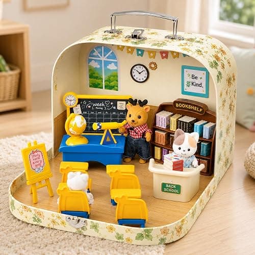 Dollhouse Classroom Furniture Suitcase Set for Kids, 3 Flexible Dolls/Blackboard/Desk/Chair/Podium/Bookshelf/Teaching aid, Pretend Play Dollhouse Accessories Christmas Birthday Gift for Girl Ages 3+ thumbnail 2