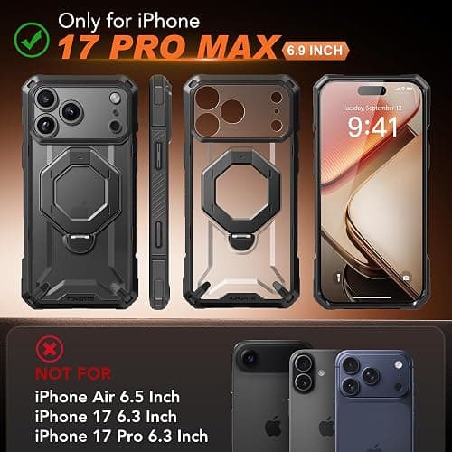 TONGATE for iPhone 17 Pro Max Case with 360° Spin Magnetic Stand, [Compatible with MagSafe][Military-Grade Protection] with Privacy Screen Protector & Camera Control Cover for iPhone 17 ProMax, Black thumbnail 2