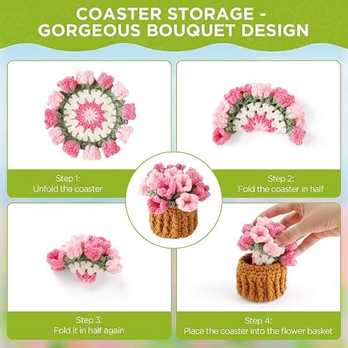 Vane Oak Flower Crochet Coasters, Handmade Bouquet Blanket Coaster with Crochet Plant Pot Fun Soft Decorative Drink Coasters for Coffee Tabletop Protection and Home Decor (Pink, 1Pc) thumbnail 4