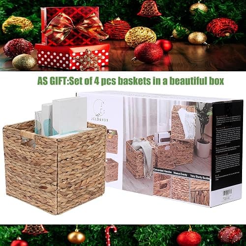 12x12in Storage Baskets Set of 4 Water Hyacinth Baskets,Foldable Handwoven Storage Cubes,Wicker Cube Baskets Laundry Organizer Totes for Home thumbnail 5