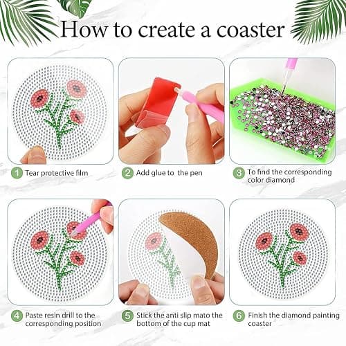 DOTZSO 8 Pcs Diamond Art Coasters Kit with Holder, Diamond Art Kits for Adults Beginners Small Diamond Painting Coasters, Arts and Crafts for Adults Supplies Item Sets (Flower) thumbnail 3