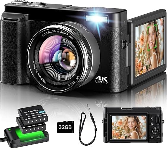 Digitalkamera 4K, 16X Autofokus Digitalzoom Kamera, 48MP 3 Zoll 180° Klappbarer LCD-Bildschirm HD Kompakte Vlog Kamera mit Ladestation, 2 Akkus, 32GB Karte, Geeignet für Anfänger, Kinder - Image 1