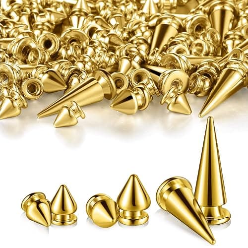 170 Pieces Multiple Sizes Cone Spikes Screwback Studs Rivets Large Medium Small Metal Tree Spikes Studs for Punk Style Clothing Accessories DIY Craft Decoration (Golden) - Image 1