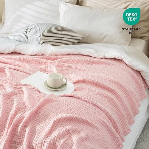 Carriediosa 100% Cotton Muslin Throw Blanket 90" X 90" Queen Size，4-Layers Summer Gauze Throws for Bed Couch，Soft Lightweight Breathable Linen Blankets Bedspread for Adults All Season，Dusty Pink thumbnail 4