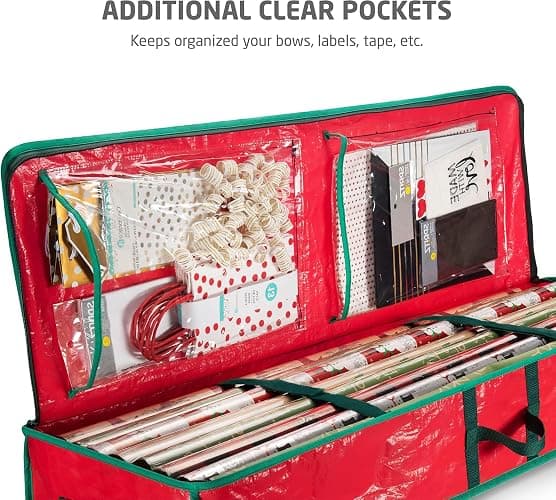 ZOBER Gift Wrapping Paper Organizer Storage - 40" Gift Wrap Storage Containers With Interior Pockets For Bows, Tags & Ribbons - Wrapping Paper Holder, Waterproof, Fits 24 Standard Rolls, Red thumbnail 5