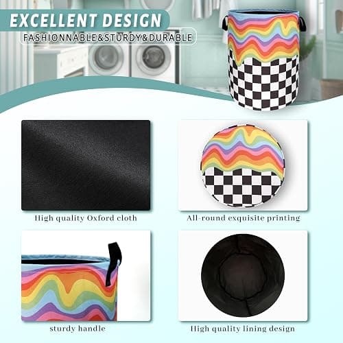 Rainbow Plaid Laundry Hamper Foldable Oxford Cloth Basket 18.9x16.5 | Colorful Laundry Basket Foldable Tote Bag Personalise Clothes Toy Storage Bucket18.9" x 16.5"For Bathroom/Laundry/Bedroom thumbnail 5