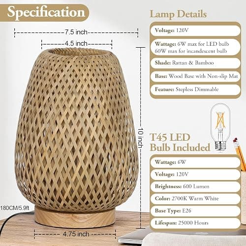 Rattan Table Lamp, Stepless Dimmable Small Beside Lamp, Vintage Wicker Wooden Nightstand Boho Bamboo Woven End Table Lamps for Bedroom Living Room Desk Kids Room, 2700K T45 LED Bulb Included thumbnail 6