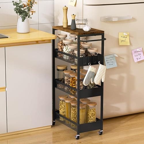 9.1" Wide Slim Rolling Utility Cart, 4 Tier Metal Narrow Storage Cart with Handle and Wood Top, Multifunctional Small Mobile Shelf Unit Organizer Trolley for Laundry, Bathroom, Kitchen - Image 1