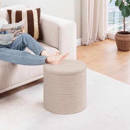 PINPLUS Storage Ottoman, 29.9 inches Velvet Sherpa Folding Storage Round Foot Rest Ottoman Beige Color,16.9" D x16.9 W x 17.7" H thumbnail 2