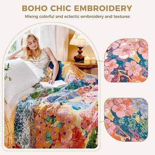 LUTBM Boho Throw Blanket for Bed Cotton Summer Blankets for Bedroom Living Room All Season Lightweight Floral Embroidery Reversible Twin Quilt for Couch Sofa Chair 60"x80" Home Decor thumbnail 4