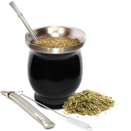 Norte Yerba Mate Cup Kit, 8-Ounces Traditional Mate Tea Cup/Gourd Set | Includes 2 Bombillas (Yerba Mate Straw) & Cleaning Brush, Stainless Steel Cup, Double-Walled, Easy to Clean | Black - Image 1