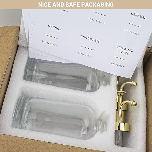 Ezebesta Set of 2 Syrup Dispensers 500ml Glass Bottles with Elegant Pumps and Various Syrup Labels Kitchen Coffee Station Organization - PUMP PATENT REGISTERED thumbnail 6