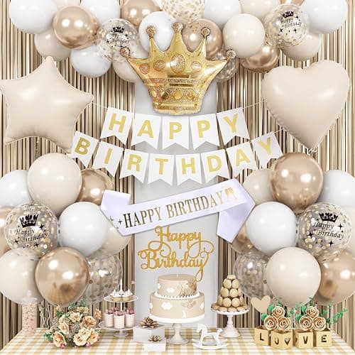 White & Gold Birthday Decor - Cream Champagne Gold Balloons, Banner, Foil Balloons, Fringe Curtain for Boho Party Supplies - Image 1
