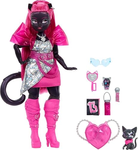 Monster High Catty Noir Doll with Pet Cat Amulette and Accessories Like Backpack, Music Book, Microphone and More thumbnail 5