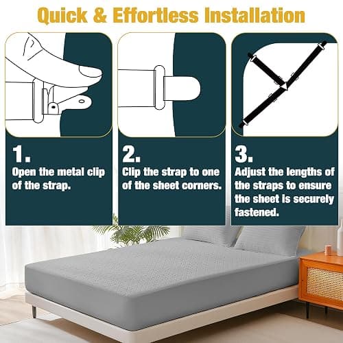WHISPERING WONDER 4 Pack Bed Sheet Fasteners, Adjustable Mattress Cover Straps with Metal Clips, Elastic Bed Corner Holders, Non Slip Sheet Clips, Black Color thumbnail 3