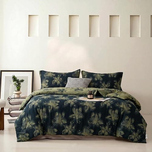 Purefair 100% Cotton Gauze Jacquard Comforter Set, Floral Lily Bloosom Print, Soft 2 Layers Reversible Lightweight 3 Piece Bedding Sets for All Season, Green Black, Full/Queen(90"x90") - Image 1