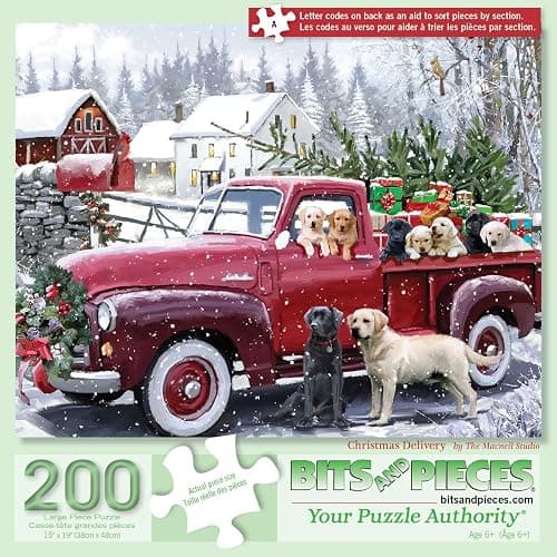 Bits and Pieces 200 Piece Puzzles for Adults 200 Extra Large Pieces 15" x 19" Jigsaw Puzzles, Red Truck Presents Dogs, Random Die Cut, No 2 Pieces Alike, Christmas Delivery - Image 1