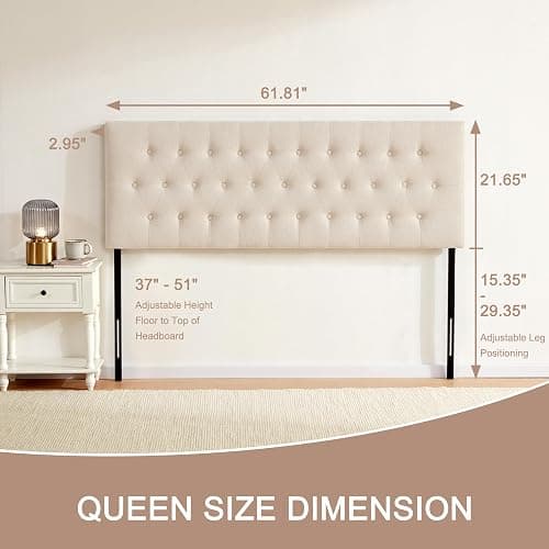 Huatean Home Tufted Upholstered Headboard Queen Size, Solid Wood Head Board with Durable Metal Legs, Adjustable Height Bed headboard from 37” to 51” Fabric Headboard in Modern Button Design, Beige thumbnail 2