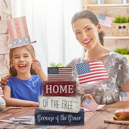 4th of July Decorations, 4 Sets Patriotic Wooden Block Table Centerpieces, Red White Blue Independence Day Memorial Day Tabletop Decorations, Rustic Labor Day Tiered Tray Decor for Home Office thumbnail 2