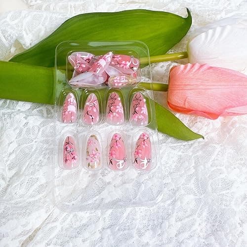 30Pcs Pink Flower Press on Nails Medium Almond Fake Nails with 3D Pearl Rhinestones Designs Glue on Nails Peach Blossom Acrylic Nails Cute Cat False Nails Bow Stick on Nails for Women Nail Supplies thumbnail 5