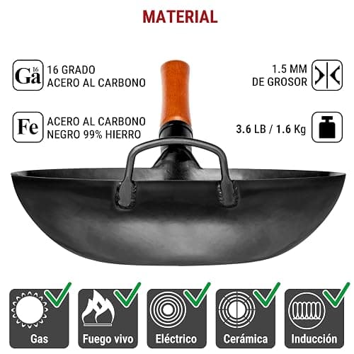 YOSUKATA Sarten Wok de Acero al Carbono 34 cm - Pre-sazonado Wok Fundo Plano - Wok Induccion Tradicional - Sin Сobertura Química - Compatible Con Cocinas de Gas, Inducción, Eléctricas y Fuego Abierto thumbnail 5
