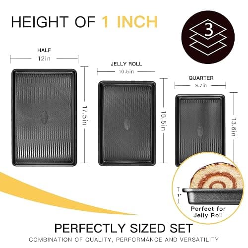 Cookie Sheets for Baking Nonstick - HONGBAKE Baking Sheet Pan Set of 3, Half/Quarter/Jelly Roll Pan for Oven with Diamond Texture Pattern, 57% Thicker Carbon Steel Cookie Trays, Dark Grey thumbnail 2