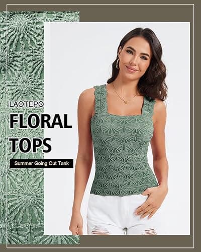 Women's Square Neck Wide Strap Crop Tank Tops Slim Fit Sleeveless Going Out Top Flower Lettuce Trim Cami Tops - Small - Emerald Green thumbnail 2