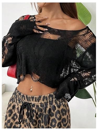 SHENHE Women's See Through Ripped Sweater Gothic Grunge Y2k Crew Neck Crop Sweater Pullover thumbnail 3