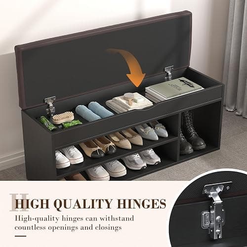 Apicizon 39 Inches Storage Bench with Padded Cushion, Shoe Bench with Storage Space, Upholstered Entryway Bench for Living Room, 2-Tier Shoe Rack Organizer, Black thumbnail 4