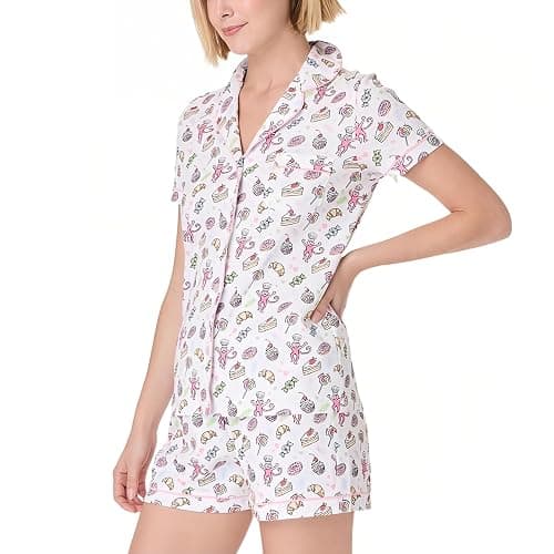 Womens Pajamas Set Button Down 2 Piece Cute Monkey Bunny Y2k Preppy Heart Pjs Sets Lounge Comfy Sleepwear thumbnail 4