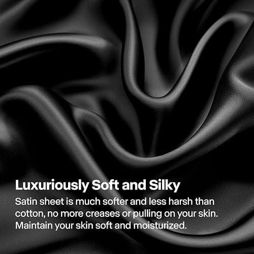 BEDELITE Satin Fitted Sheet and Pillowcases Set, Luxury Soft Similar to Silk Bottom Bed Sheet with Elastic Corner Straps, Deep Pocket up to 15 Inch, 1 Fitted Sheet and 2 Pillowcases(Full, Black) thumbnail 3