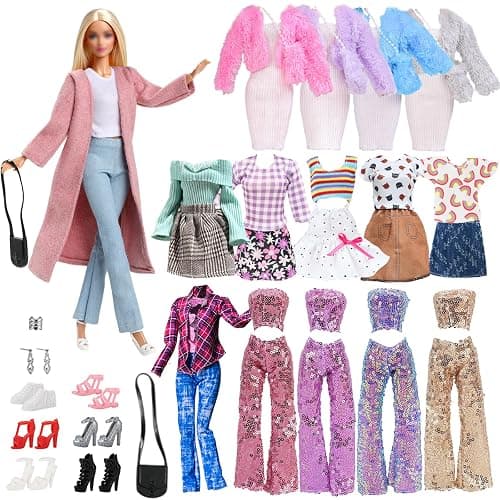 17 Pcs Doll Clothes for 11.5 Inch Girl Dolls Fashion Pack 5 Set Accessories Include Fashionable Pink Coat Houndstooth Dress Casual Set Random 3 Outfits 6 Pairs of Shoes 2 Bags 1 Earrings 1 Bracelet - Image 1