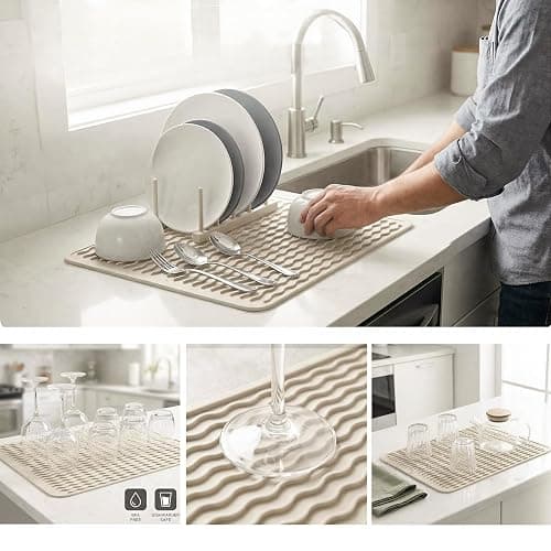 MicoYang Silicone Dish Drying Mat — Quick-Dry Ridges Counter & Sink Pad, Heat-Resistant Trivet to 450°F, Non-Slip & Dishwasher Safe, Roll-Up Storage, 18 Colors & 9 Sizes (Tapioca, 16"×12") thumbnail 4
