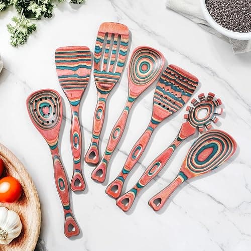 Gudamaye Pakkawood 7-Piece Wooden Cooking Utensils, Wooden Spoons for cooking, Wooden Utensil set, Pinkish-Orange Pakkawood Cooking Spoons, Non-Stick Spoon, Pakkawood kitchen utensils thumbnail 2