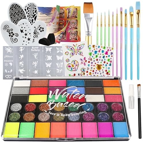 Pintada 42 Color Face Painting Kit for Kids - Non Toxic Water Activated Face Paint Palette With Stencils, Brush, Gems. For Carnival, Halloween, Costume Makeup and Any Creative Activity with Kids - Image 1