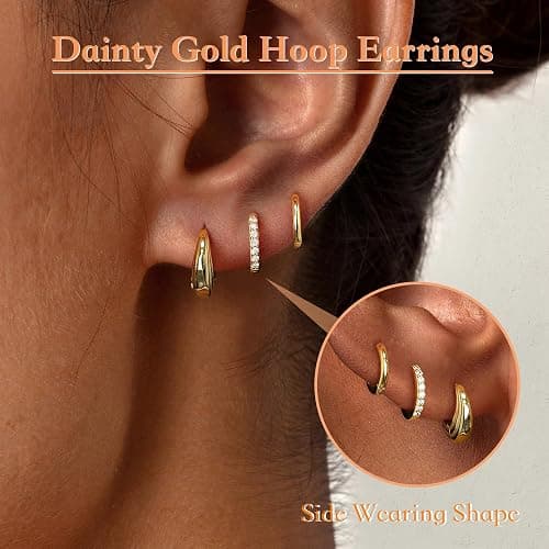 Poxtex Small Sterling Silver Huggie Hoop Earrings Set for Women, Hypoallergenic 14K Gold Plated Hoops Stacks for Multiple Piercings, Dainty Cute Mini Lightweight Cartilage Studs Trendy Jewelry Gift thumbnail 7