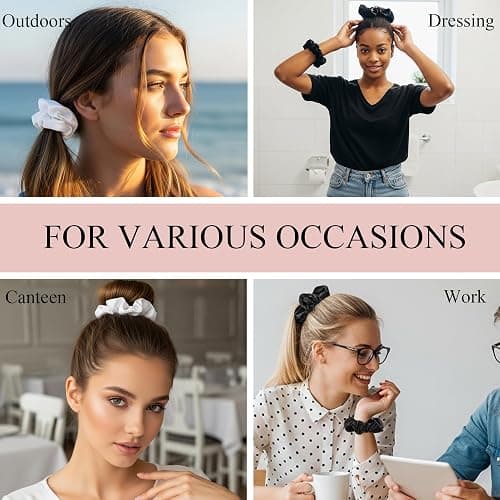 Scrunchies for Women, No Damage Hair Ties for Girls Day to Night Satin Scrunchies for All Hair TypesTextures Crease-Free – 5 Pack (3 Black + 2 White) thumbnail 8