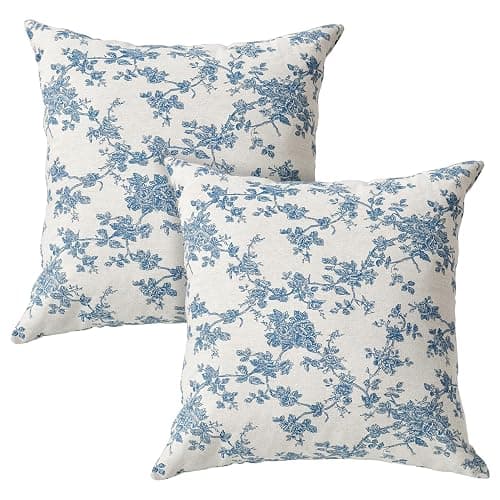 AVOIN colorlife Chinoiserie Grandmillennial Bule White Flower Christmas Throw Pillow Covers 18 x 18 Inch Set of 2, Sateen Breathable Cushion Case on Sofa Couch Soft for Quality Sleep - Image 1