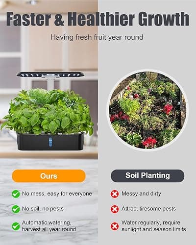 Large Hydroponics Growing System, 12 Pods Smart Indoor Herb Garden with LED Lights, Height Adjustable Gardening System for Home, Kitchen, Gardening Gifts for Father & Mother, Black thumbnail 7