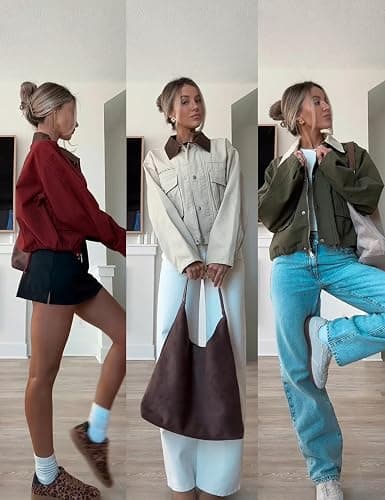 Megfie Womens Cropped Jacket Contrast Collar Utility Coat Cargo Jacket Barn Jacket Outwear with Pockets thumbnail 6