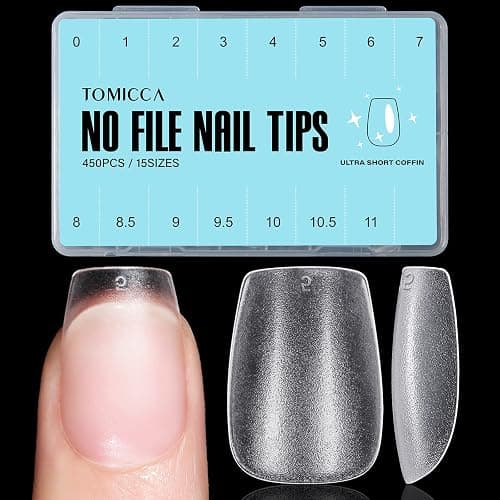 TOMICCA Extra Short Coffin Nail Tips, 15 Sizes 450Pcs Full Cover Gel Nail Tips for Extension Manicure, Acrylic Pre-shaped Double-sided Matte Fake Nails Christmas Nails with Box - Image 1