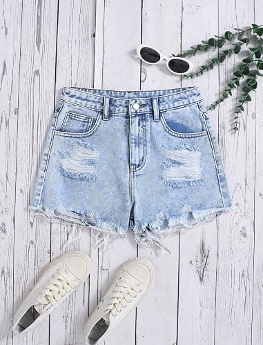 oyyniis Jean Shorts for Teen Girls Ripped Raw Hem High Waist Straight Leg Cute Summer Y2K Denim Shorts 13Y-16Y thumbnail 3