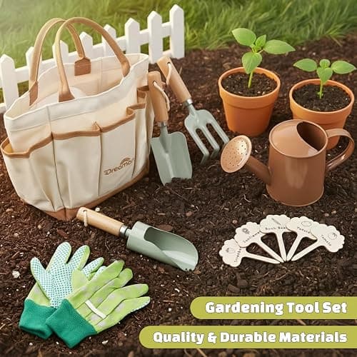 Dreamon Gardening Set Toys for Kids, Quality Garden Tool Kit Includes Tote Bag, Gloves, Shovel, Rake, Cultivator, Watering Can, STEM Learning Outdoor Gifts for Kids Toddlers thumbnail 5