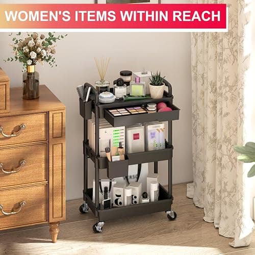 Goovilla 3 Tier Rolling Utility Cart Organizer with Removable Drawer, Stable and Sturdy Black Rolling Storage Carts with 2 Lockable Wheels for Bathroom, Kitchen, Snack, Craft, Makeup, Baby Essentials thumbnail 5