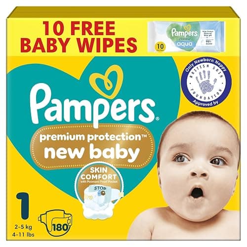 Pampers Premium Protection New Baby Size 1, 180 Nappies, 2kg-5kg, Monthly Pack, The Only Newborn Nappy Approved by British Skin Foundation - Image 1