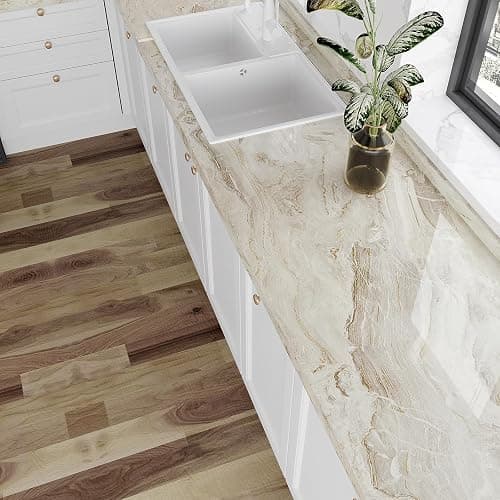 VEELIKE 15.7''x118'' Beige Gold Liquid Marble Contact Paper for Countertops Peel and Stick Waterproof Granite Countertop Paper Self Adhesive Marble Wallpaper Vinyl Roll for Kitchen Bathroom Table Wall thumbnail 4