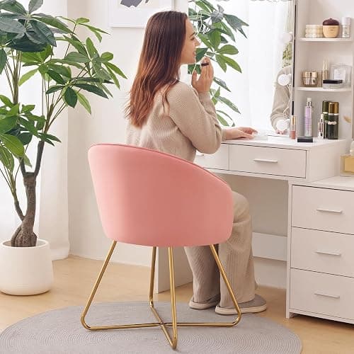 Furniliving Velvet Vanity Chair with Back, Modern Accent Chair for Vanity, Upholstered Makeup Stool Chair for Bedroom, Living Room, Dressing Room, Pink thumbnail 3